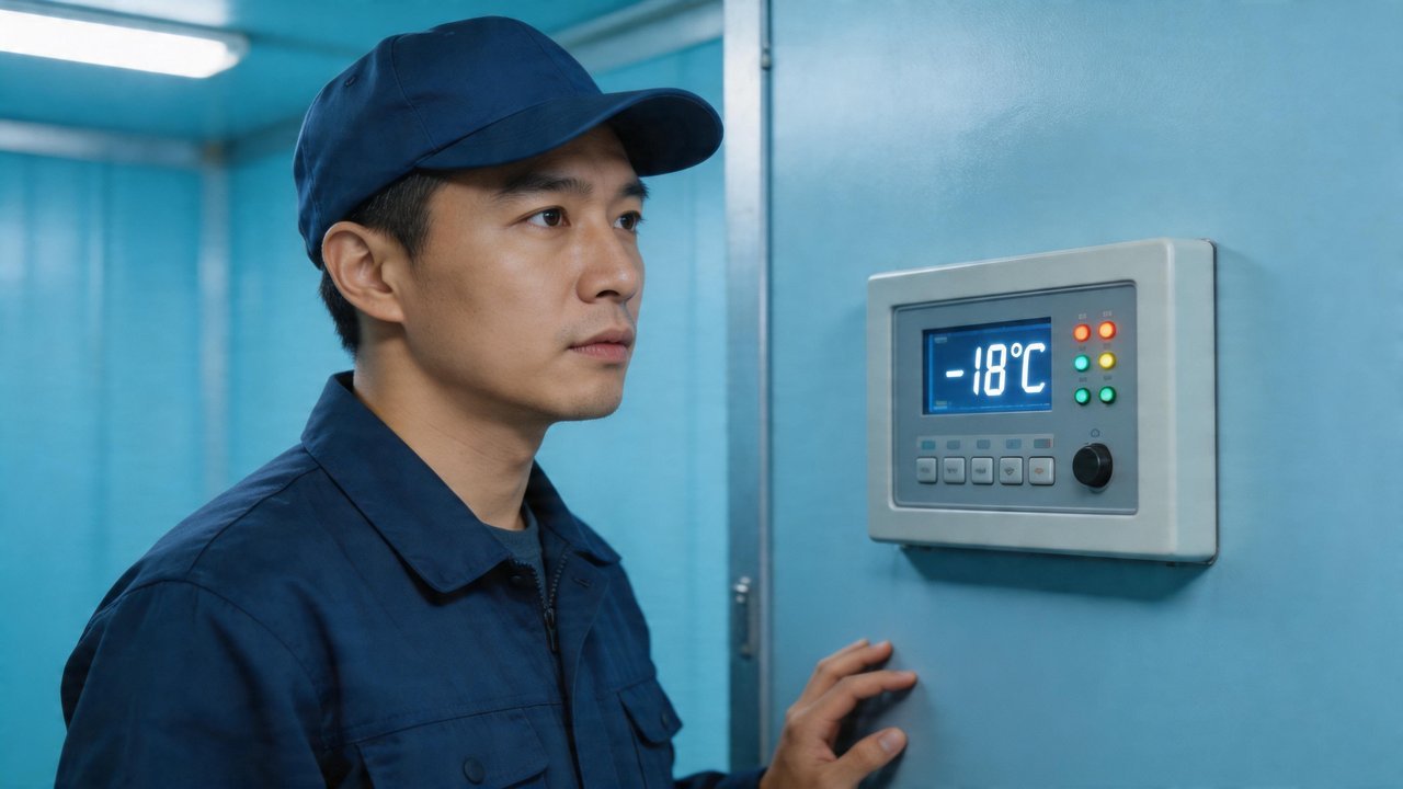 冷库管理员检查温控面板