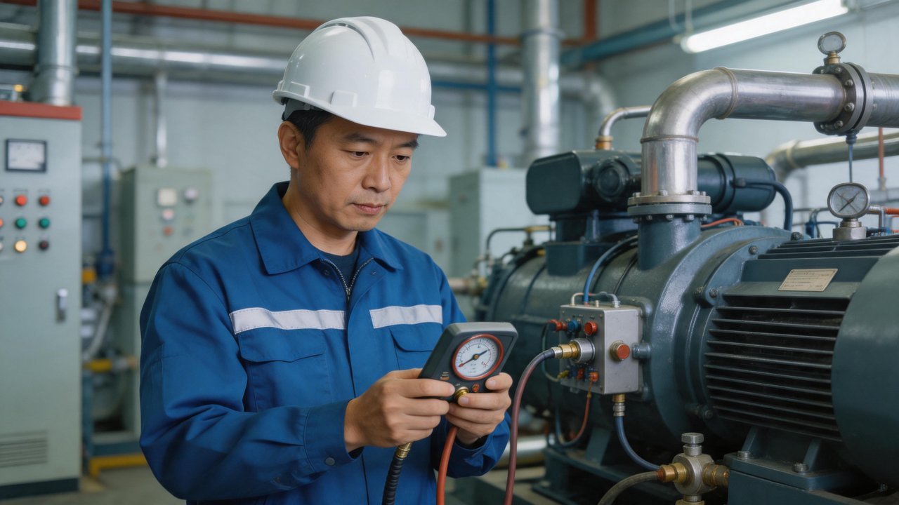 制冷维修工程师检查压缩机设备