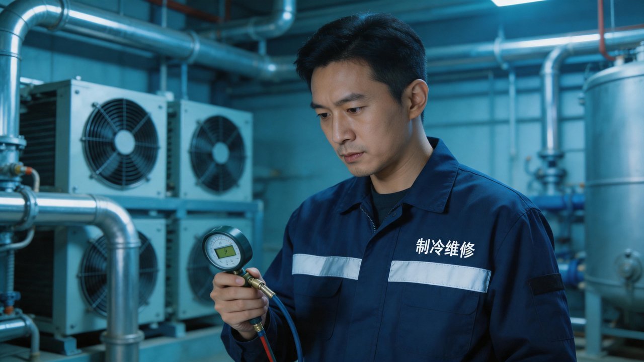 维修人员检查冷凝器