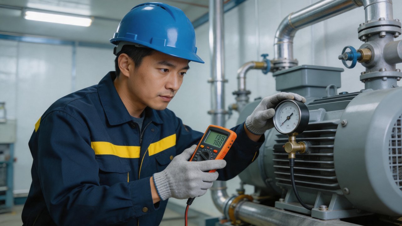 冷库维修人员检查压缩机