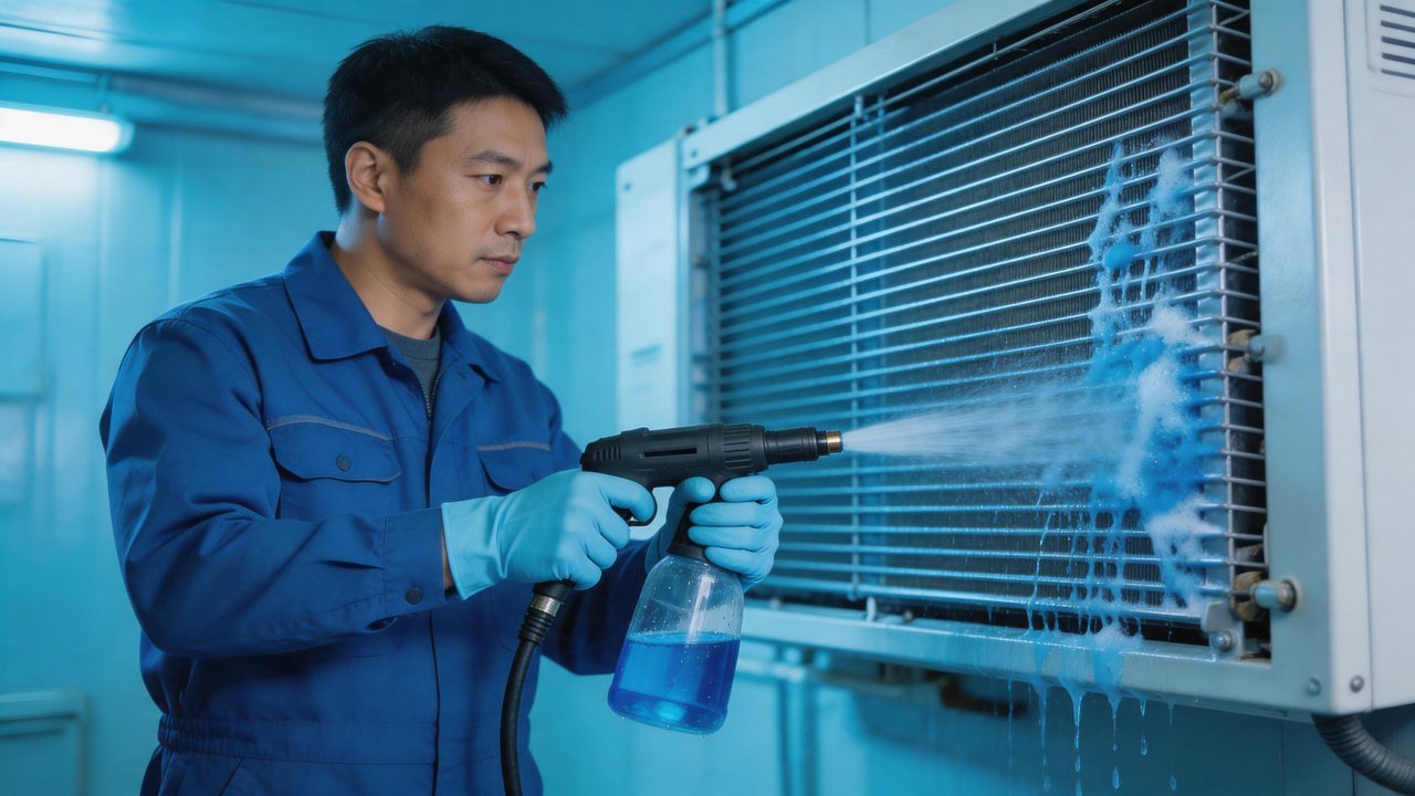 维修人员清洗冷风机翅片