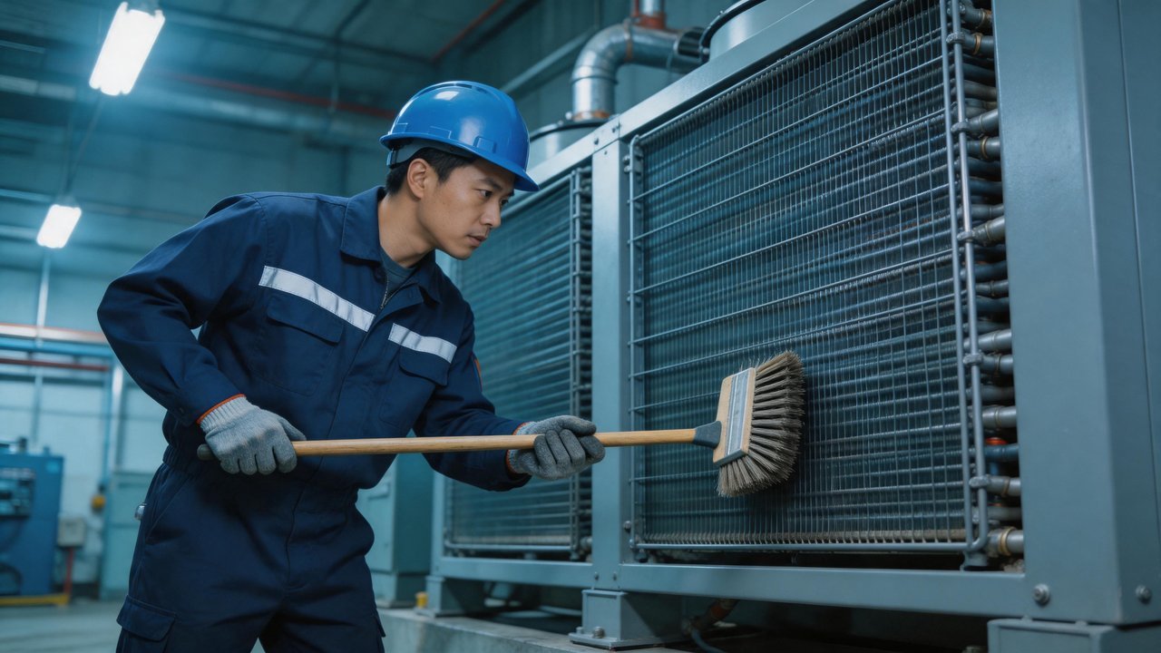 维修人员清理冷凝器