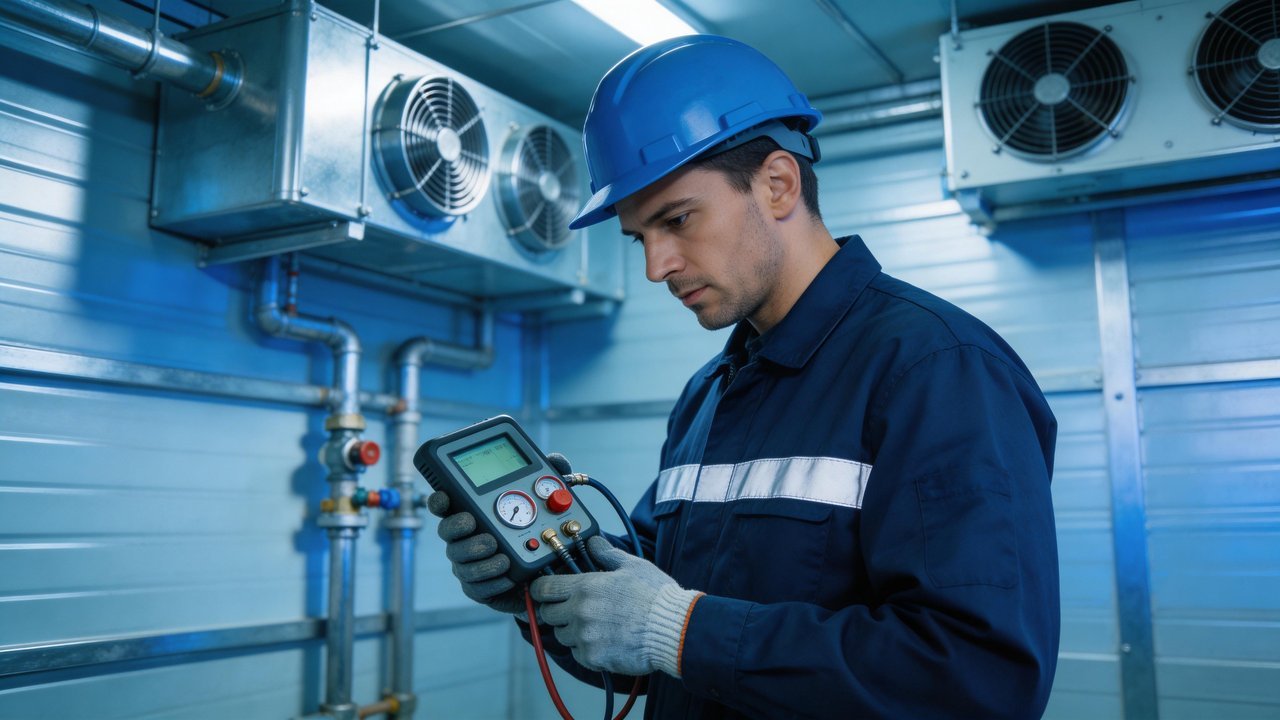 冷库维修师傅检查设备