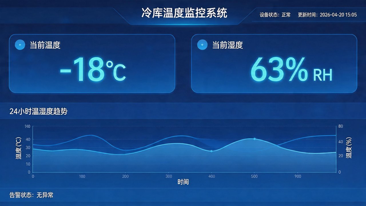 冷库温度监控系统显示界面，数字仪表盘，温