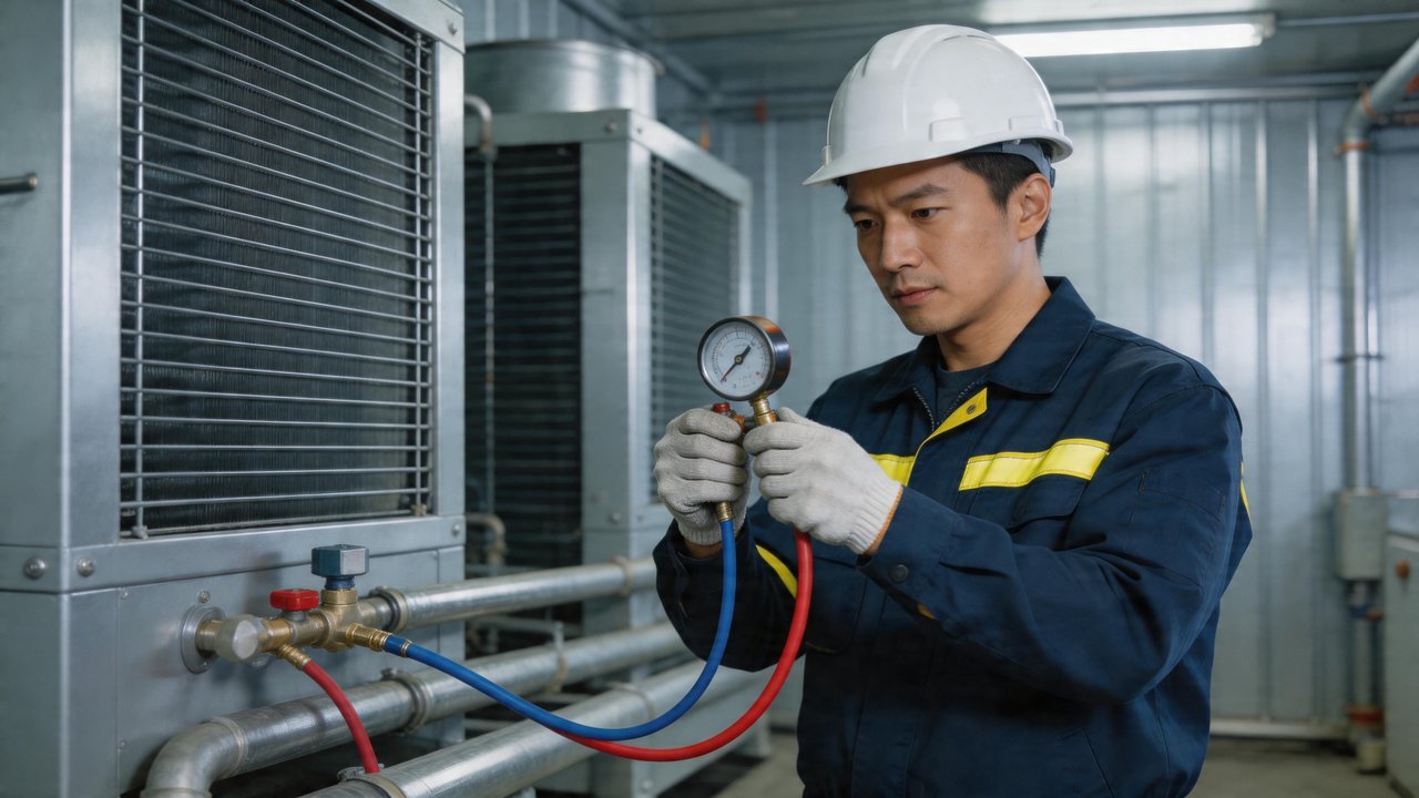 维修人员检查冷凝器