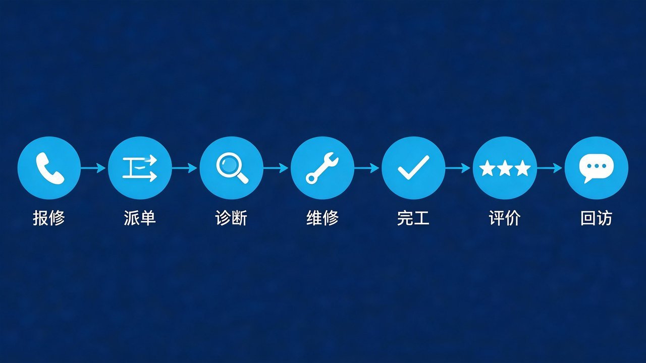 大冷总管七步服务闭环：报修、派单、诊断、维修、完工、评价、回访
