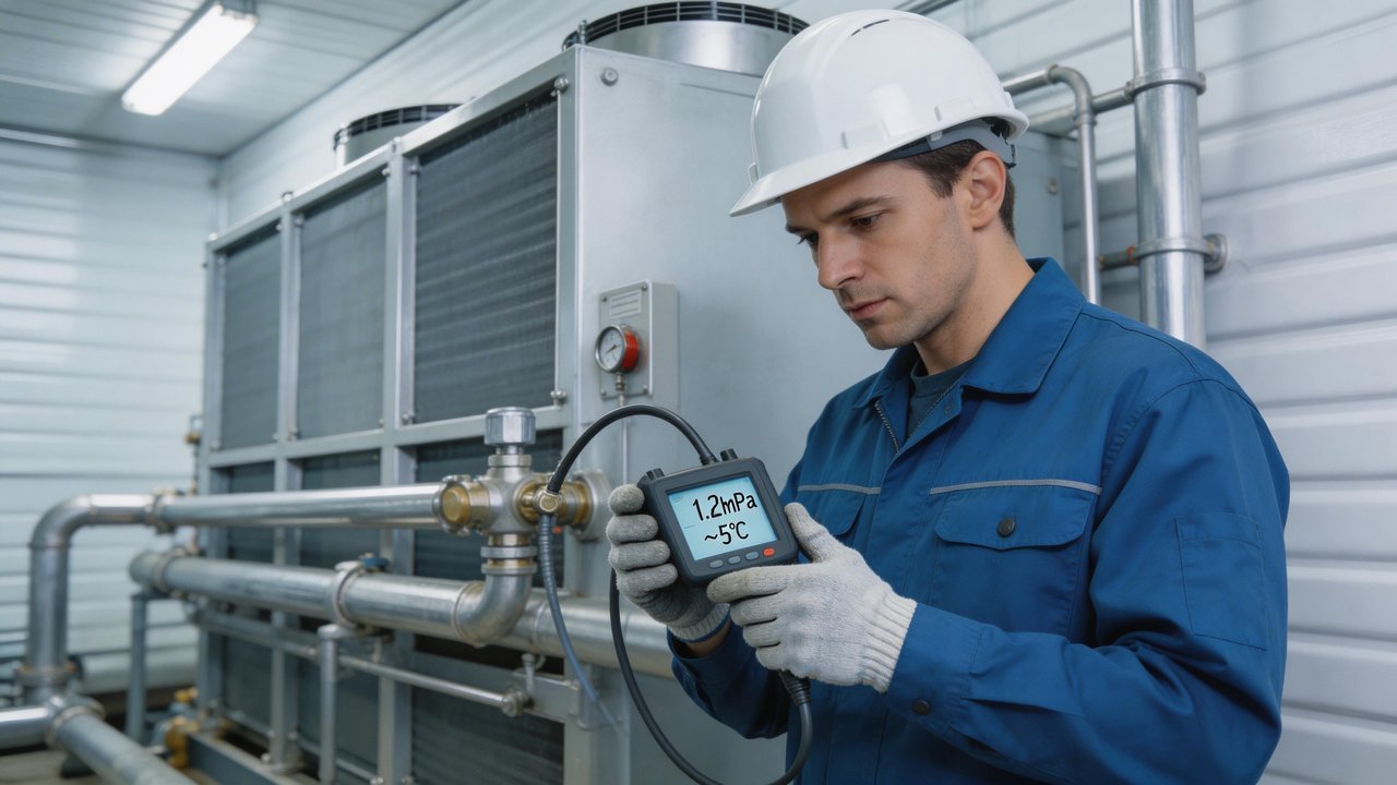 工程师测量冷凝机组参数