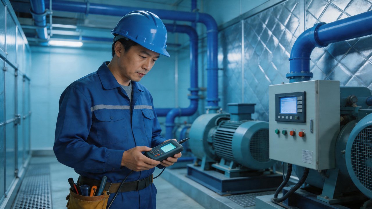 冷库维修师傅检查设备