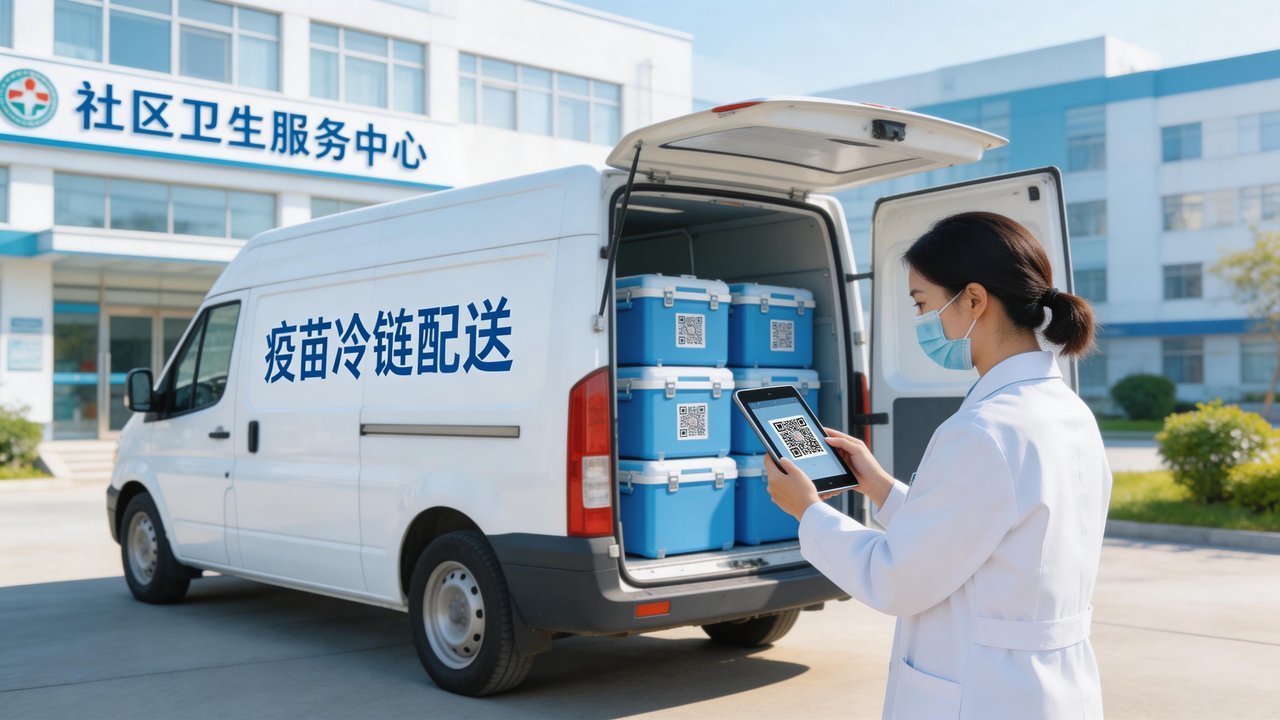 接种点接收壹苗无人配送车送达的疫苗