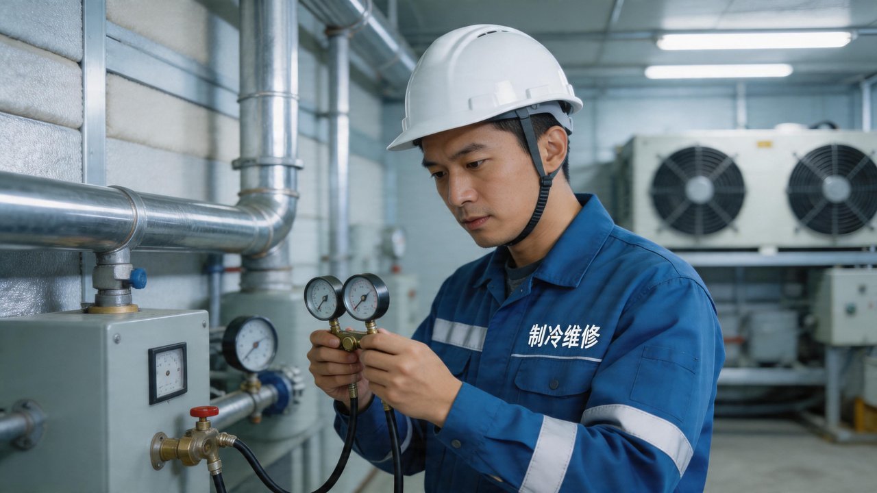 维修人员检查冷库设备
