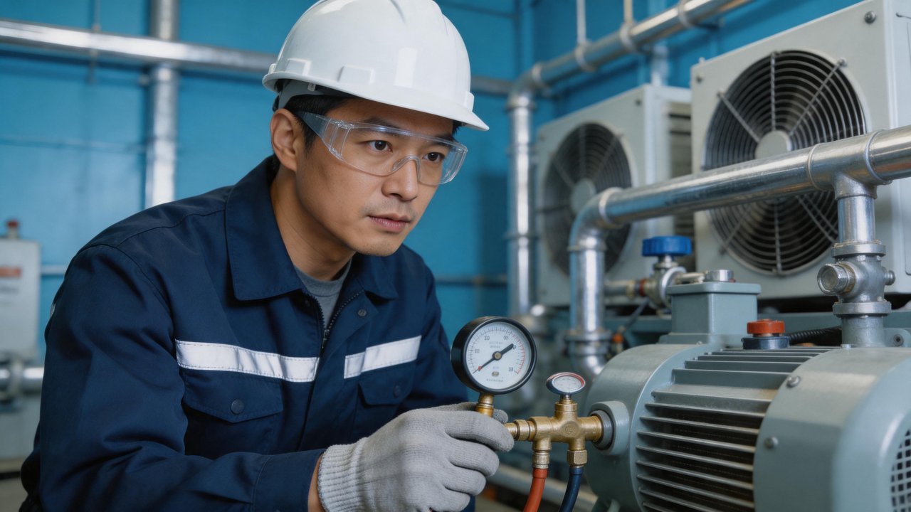 冷库维修师傅检查设备