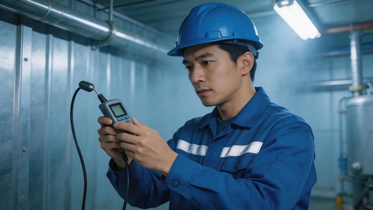 维修人员检查温湿度传感器