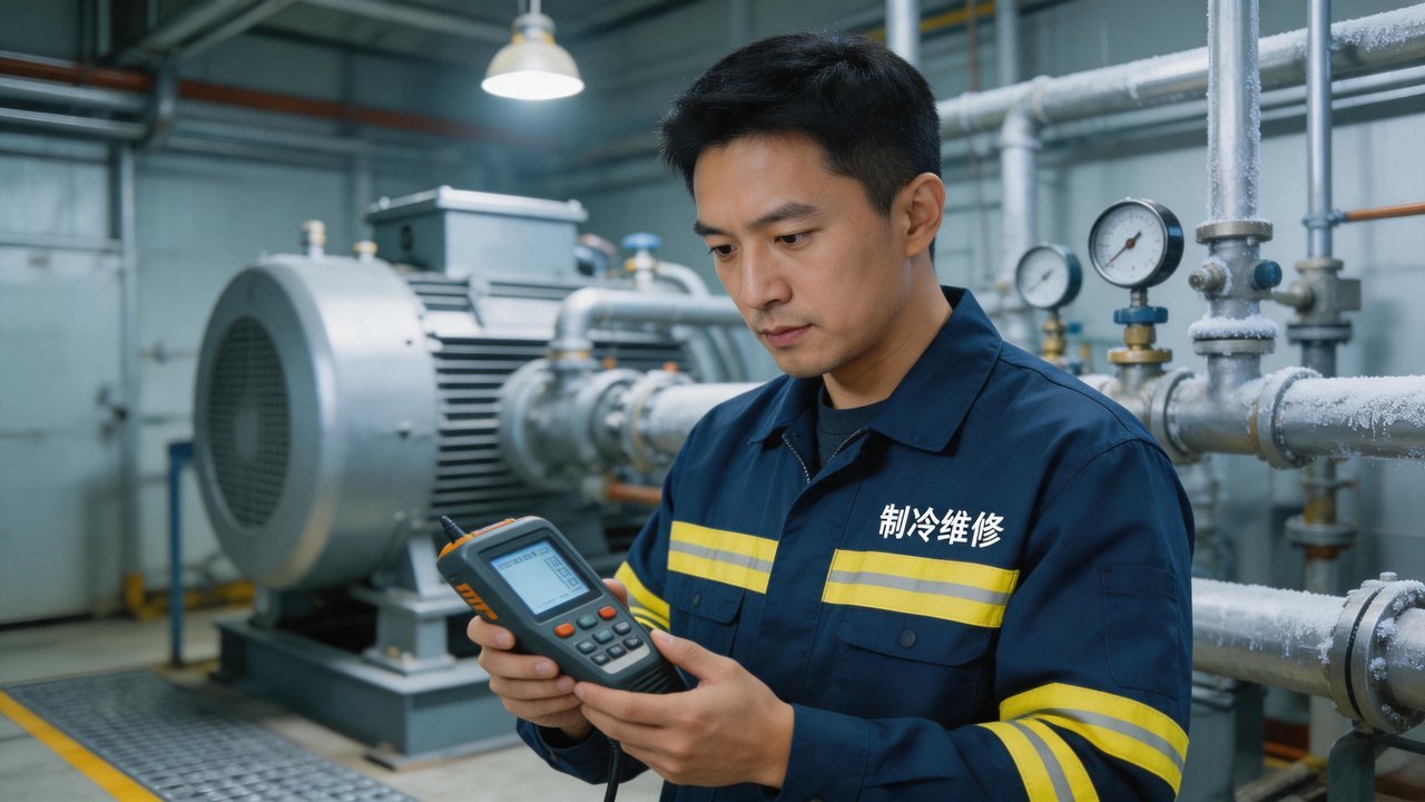 维修工程师检查制冷压缩机