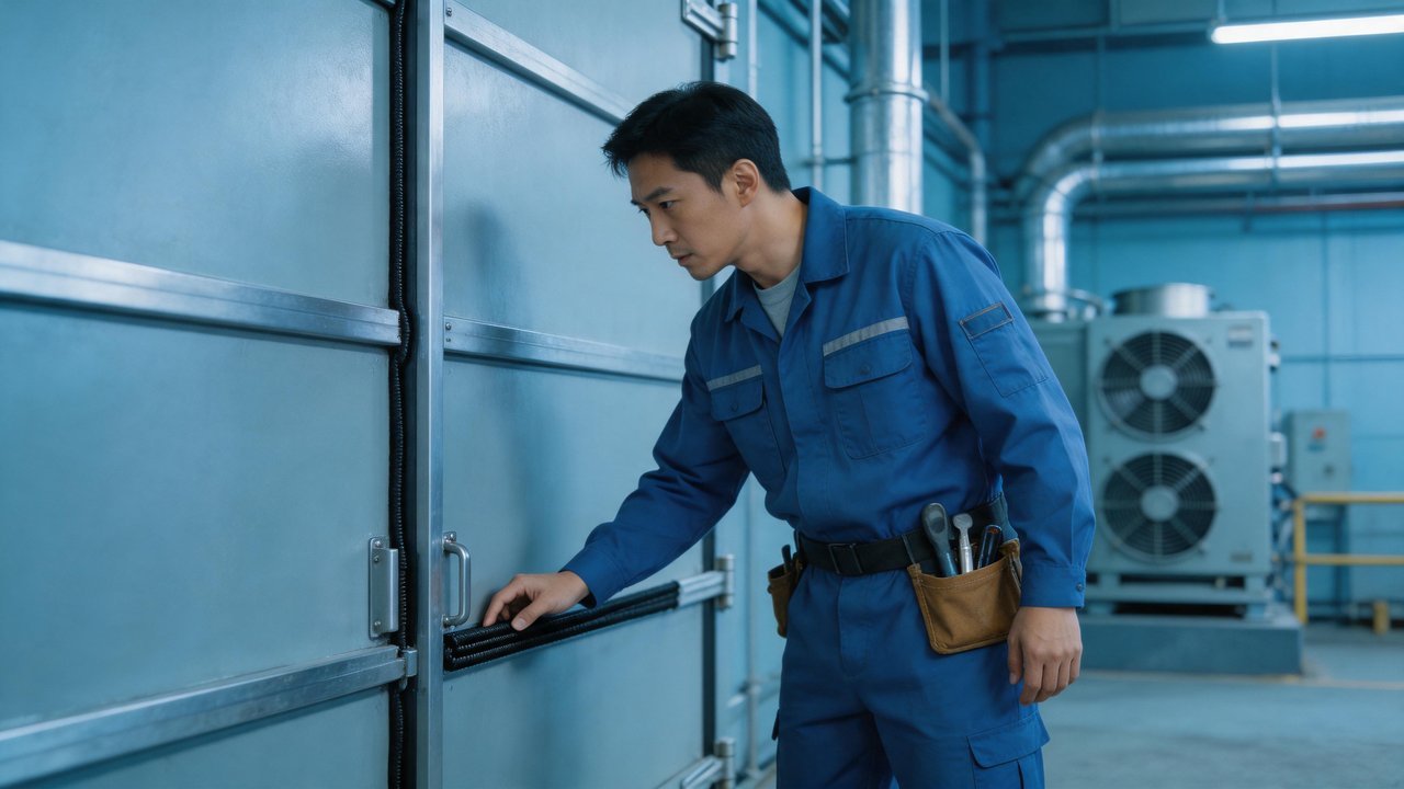 冷库维修师傅检查库门密封条