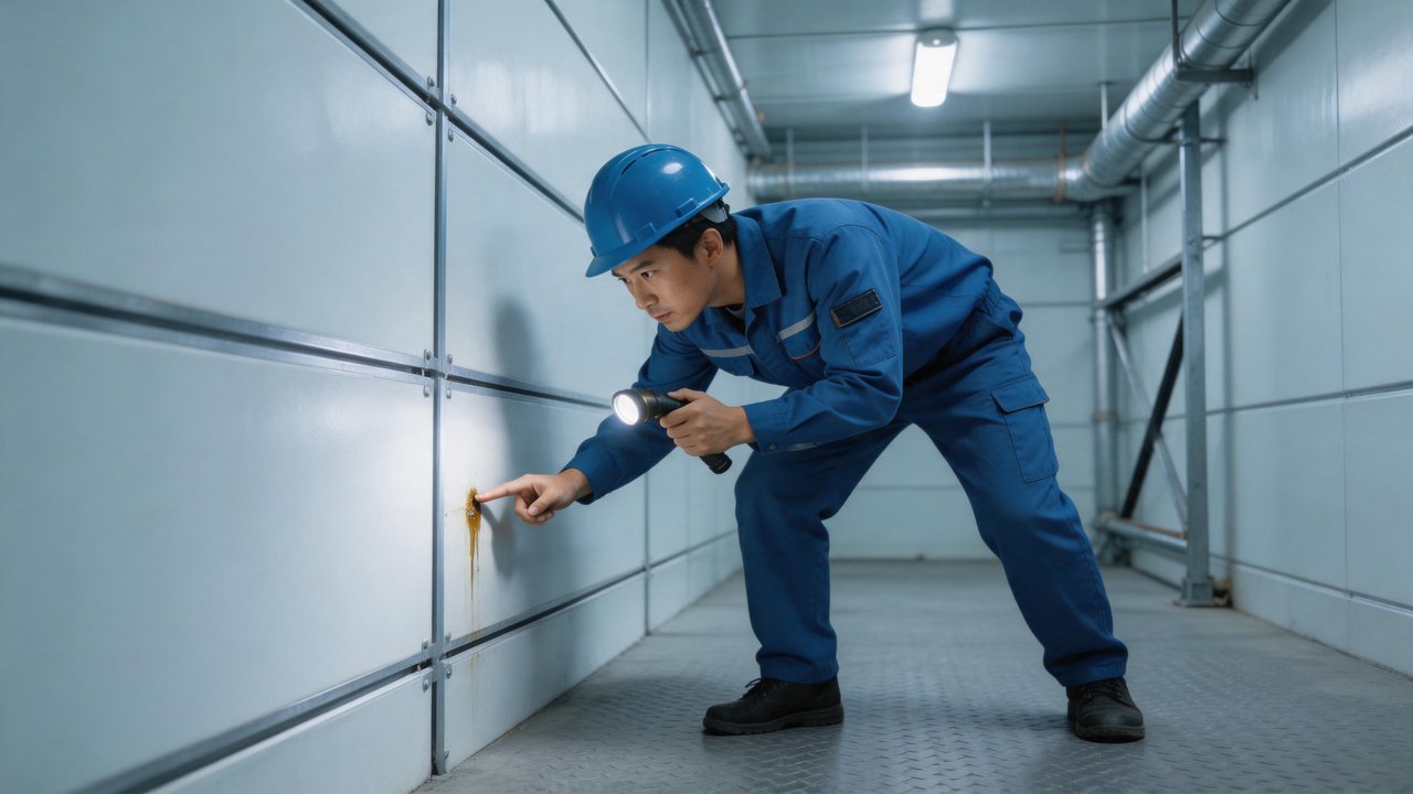 维修师傅检查库板缝隙油迹