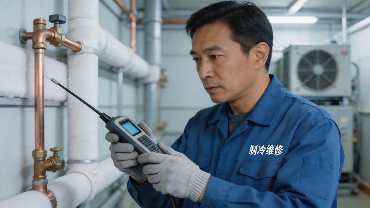 维修师傅用检漏仪检查管道