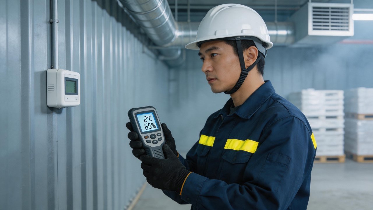 维修工程师检查温湿度传感器