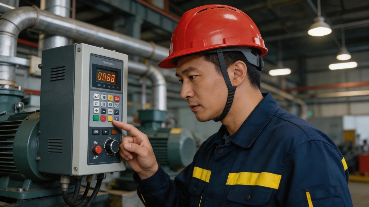维修工程师检查变频器