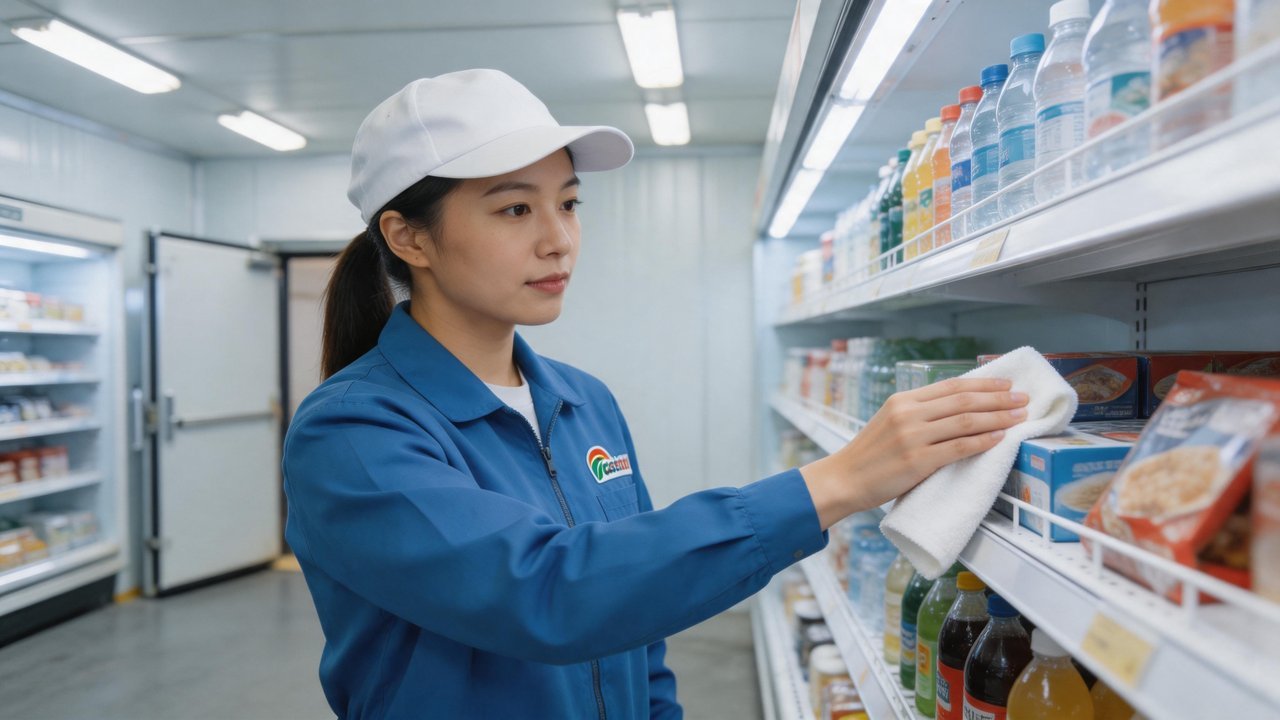 便利店工作人员清洁冷库