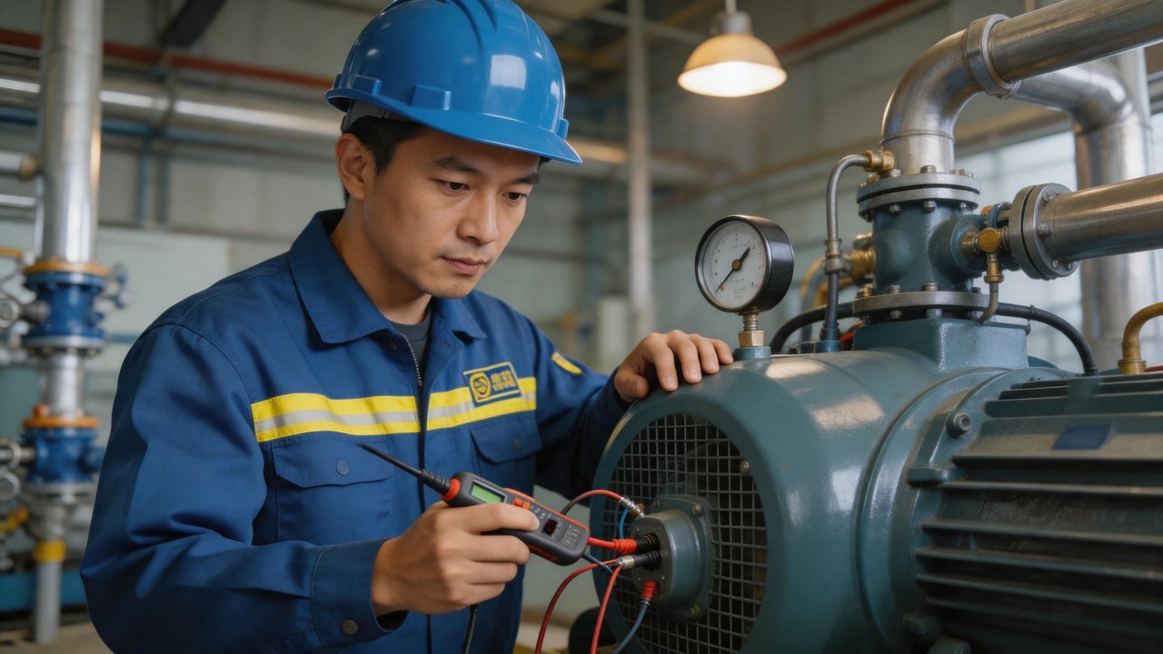 维修工程师检查制冷压缩机