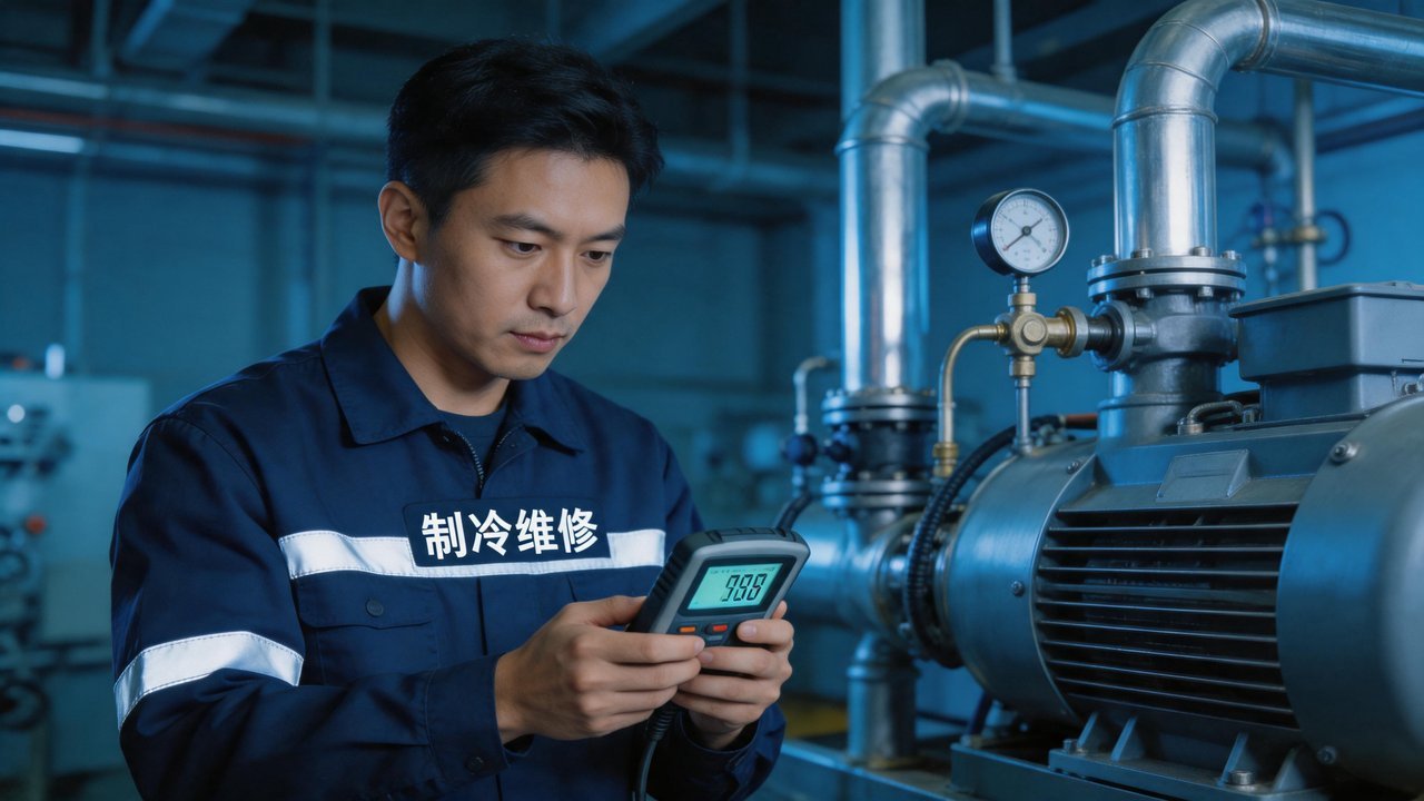 专业制冷维修工程师检查压缩机组