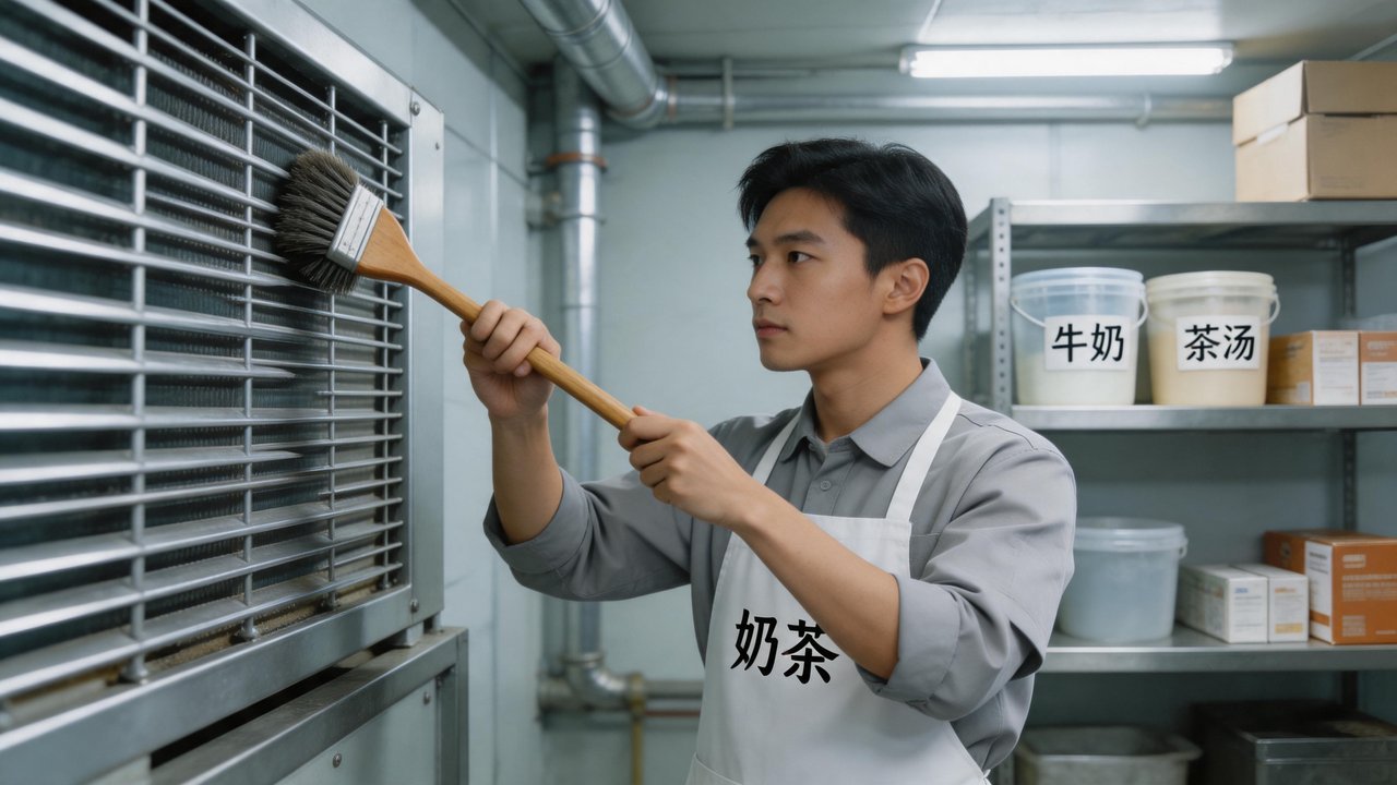 奶茶店员工清理冷凝器