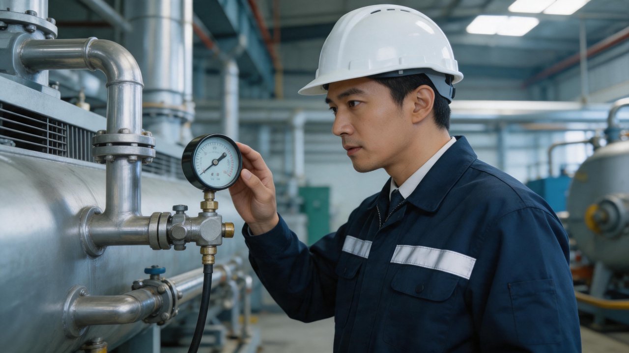 维修工程师检查冷凝器压力表