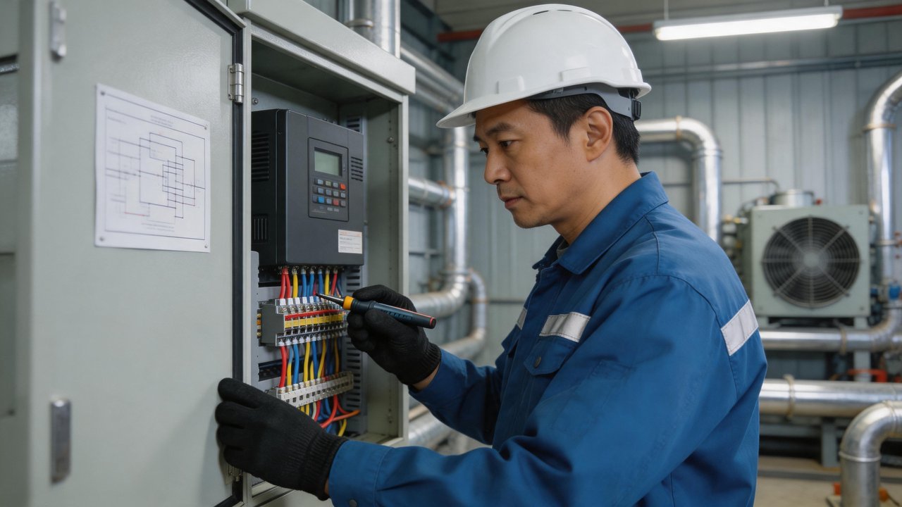 维修师傅检查变频器接线