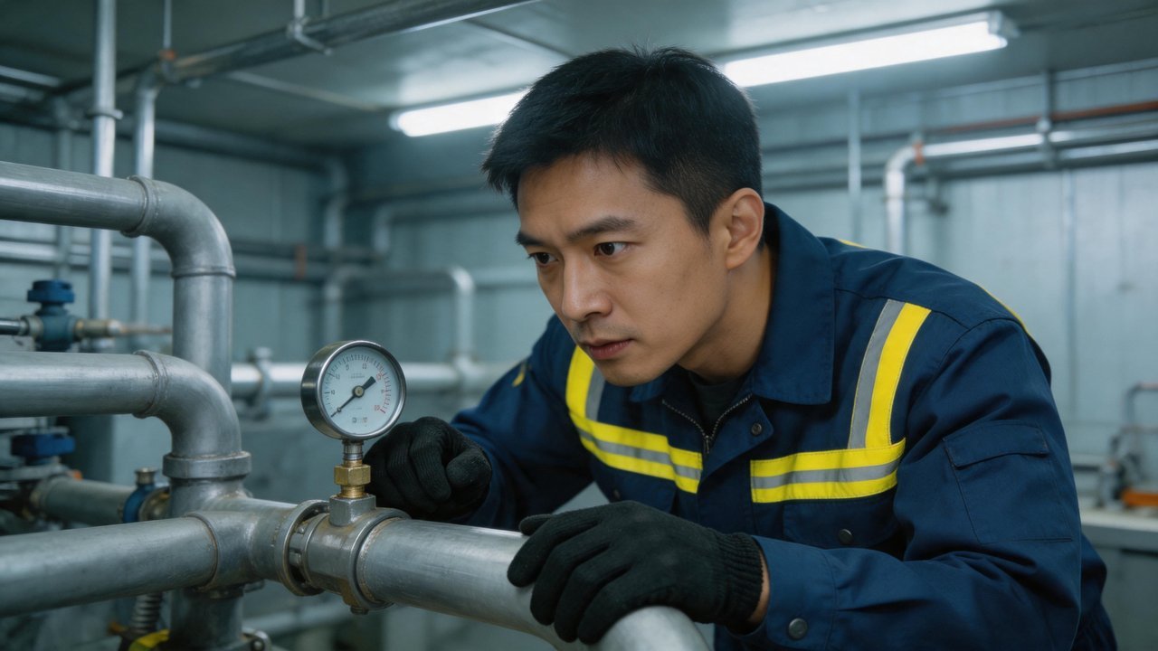 维修技师检查制冷管道压力表