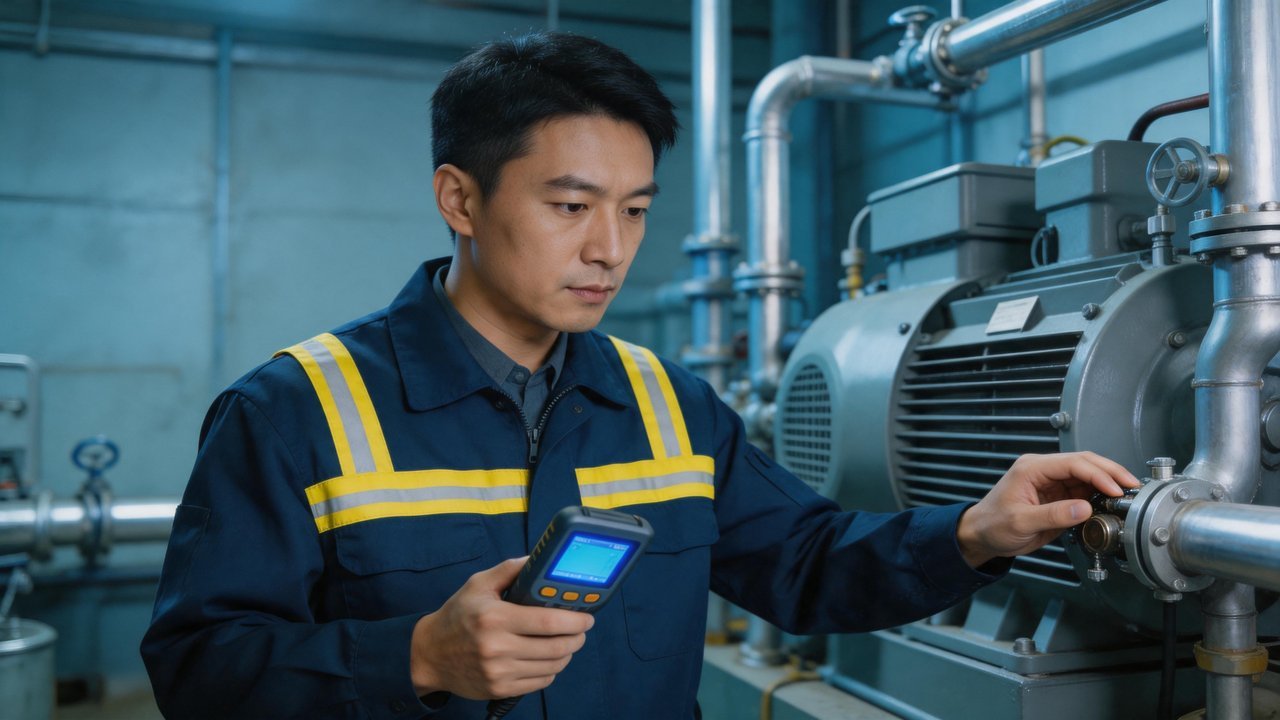 维修工程师检查压缩机设备