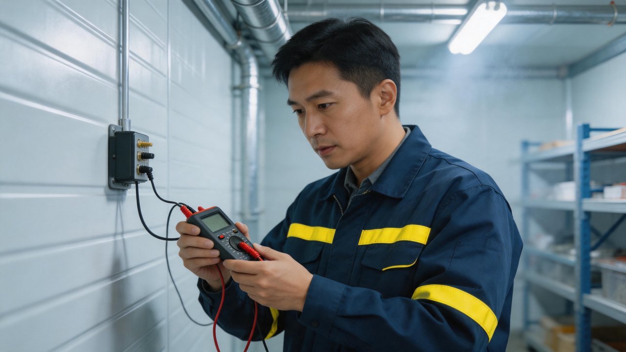 维修工程师检查冷库传感器线路