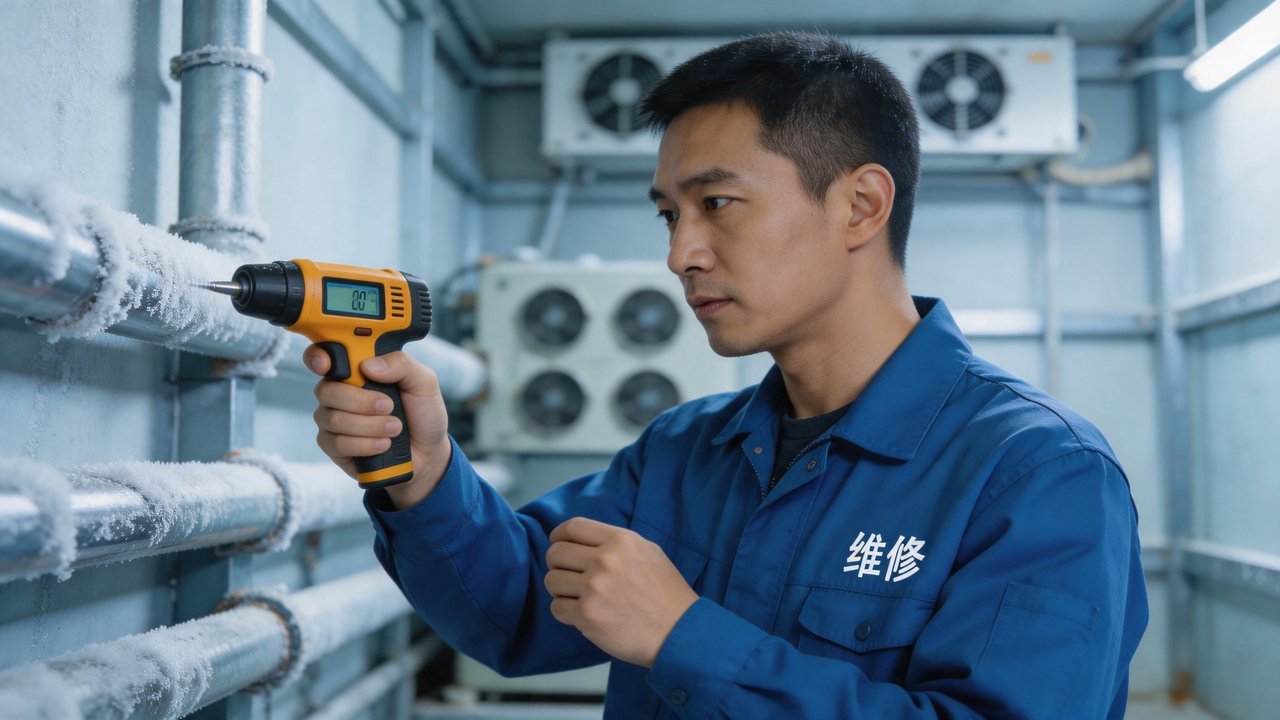 维修工程师检查冷库
