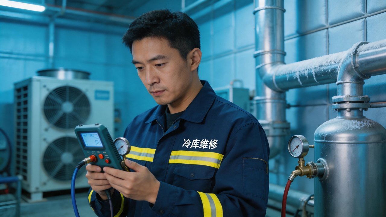 维修工程师检查冷库设备