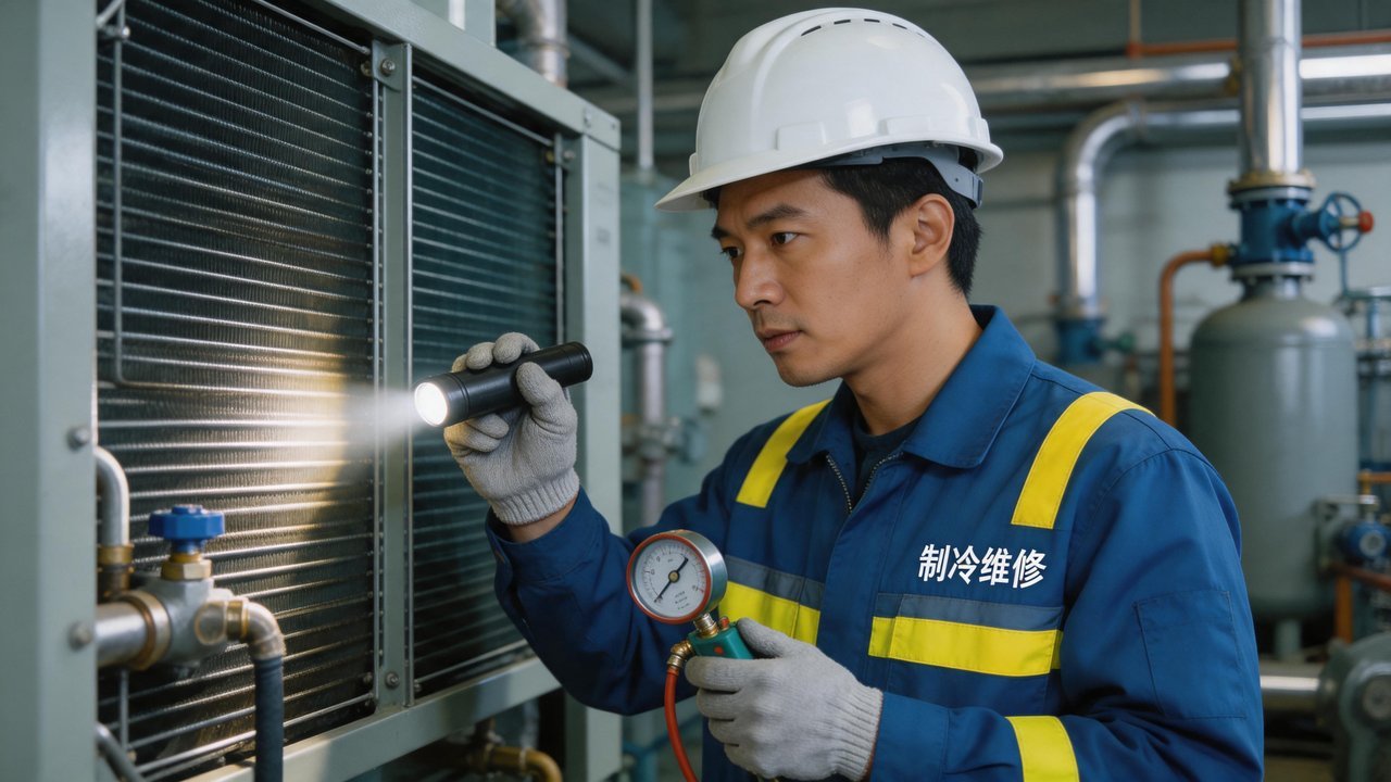制冷设备维修工程师正在检查冷凝器