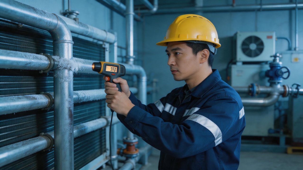 维修工程师检查冷凝器