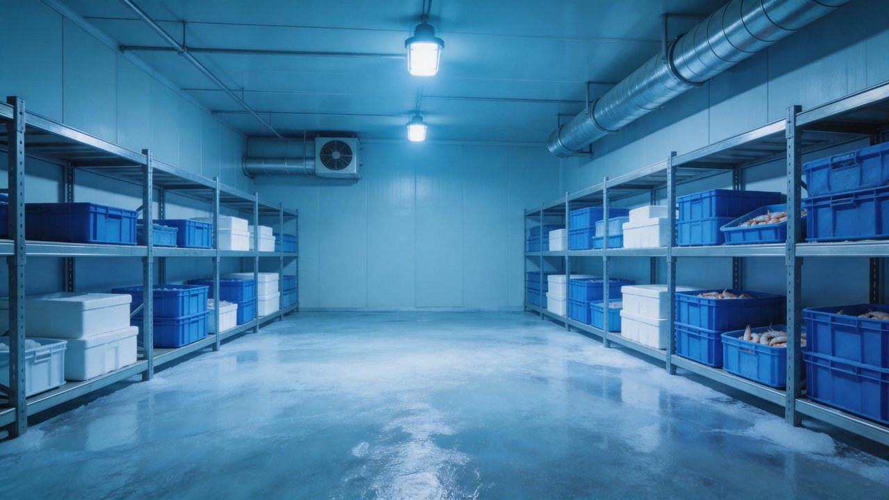 虾冷库地面结冰现场