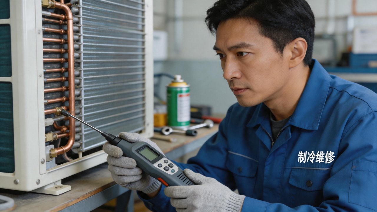 维修师傅检测冷凝器漏点