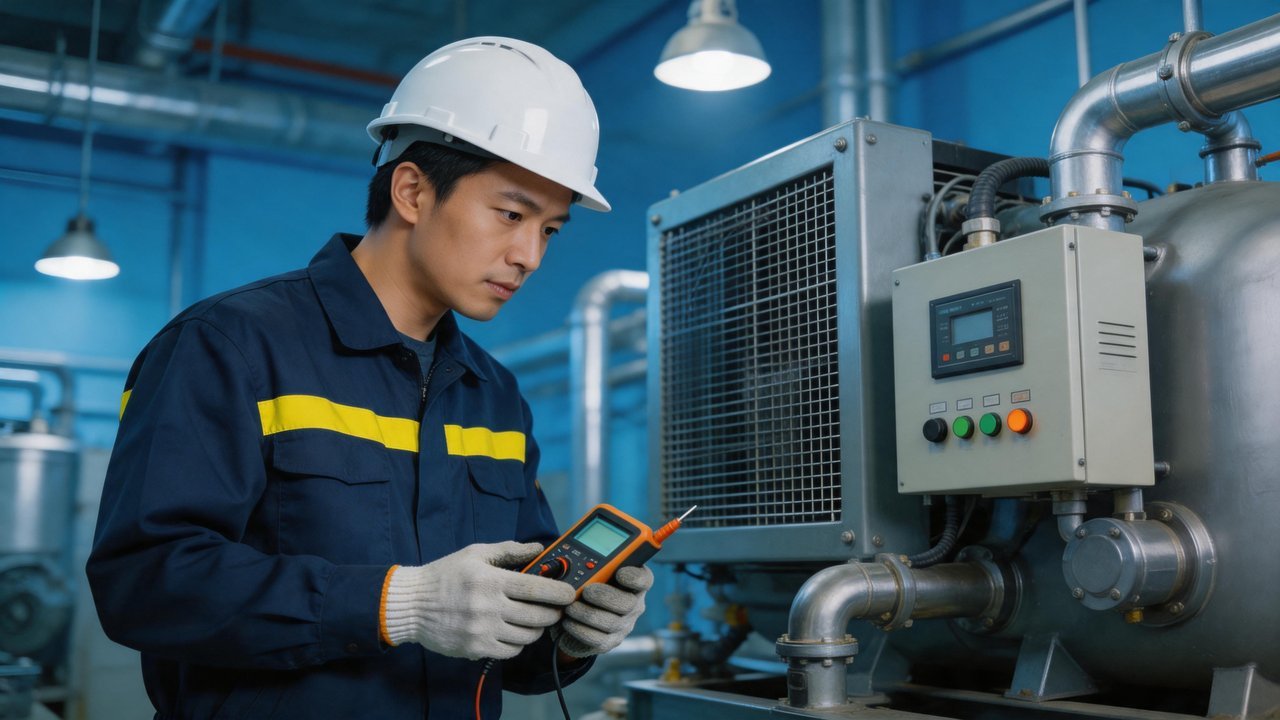 冷库维修技师检查压缩机组设备
