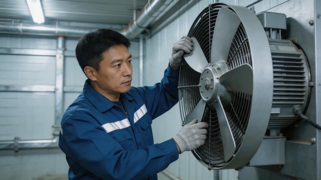 维修师傅手动检查风机