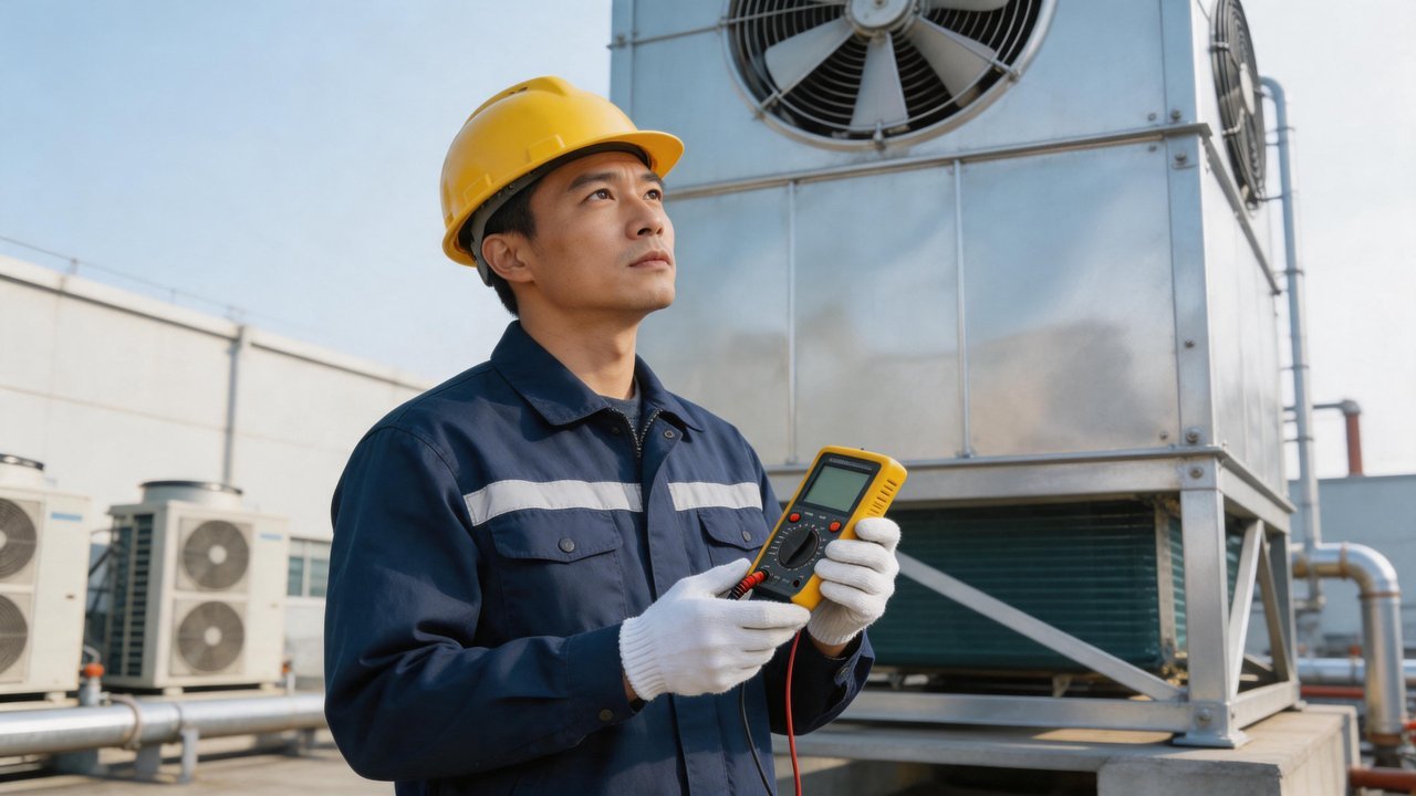 维修工程师检查冷凝塔风机