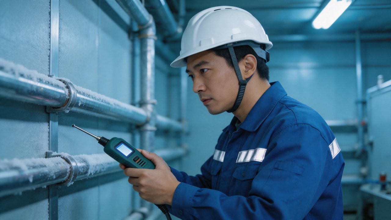 维修工程师使用检漏仪检测泄漏