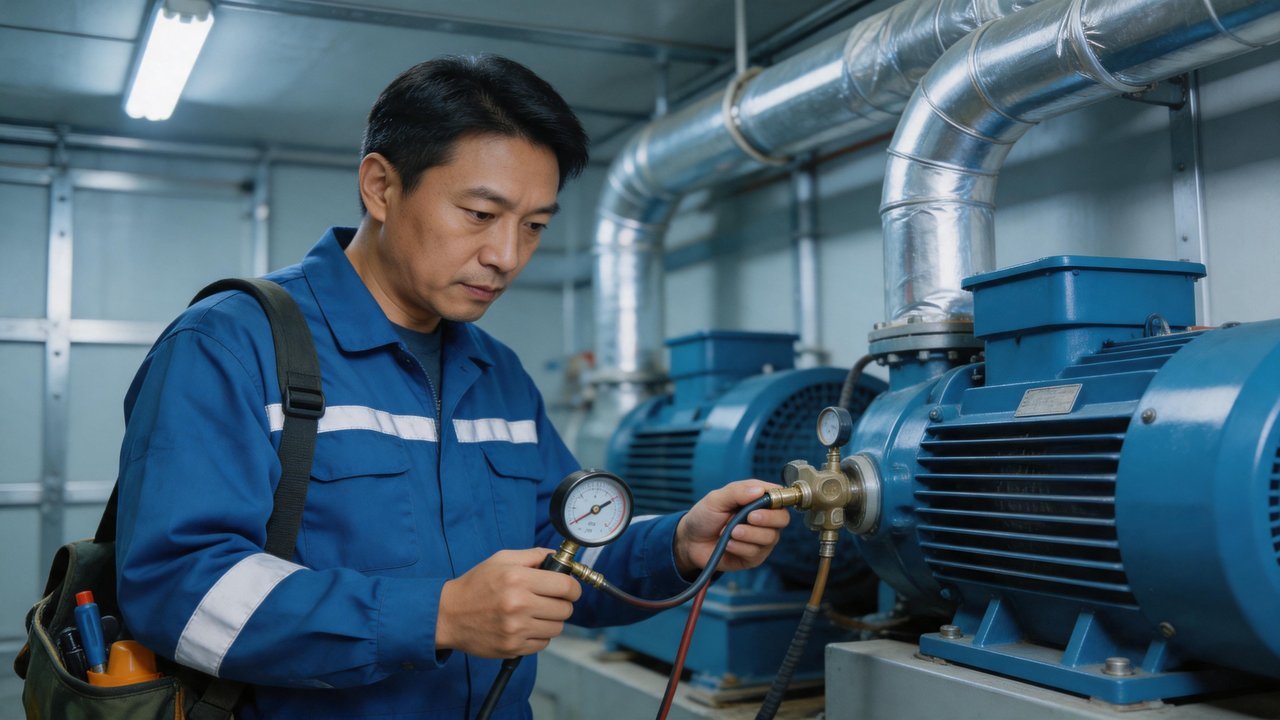 冷库检验师傅正在检查制冷设备