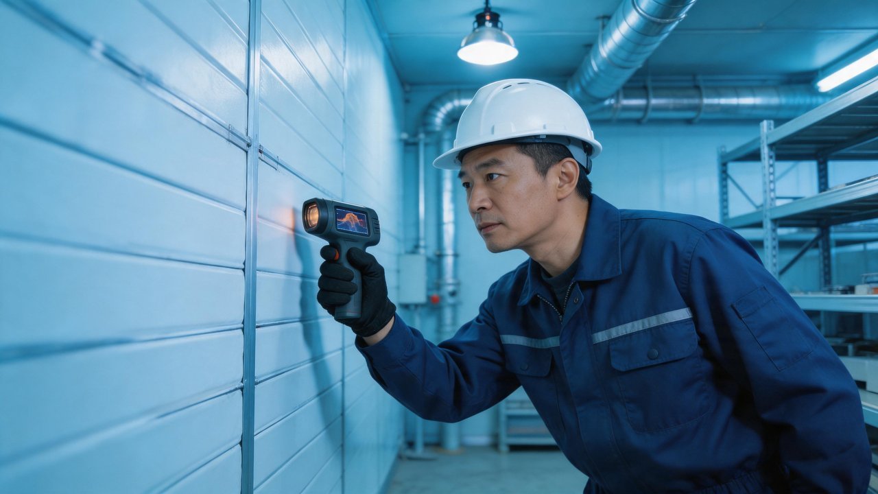 维修师傅检查冷库保温层