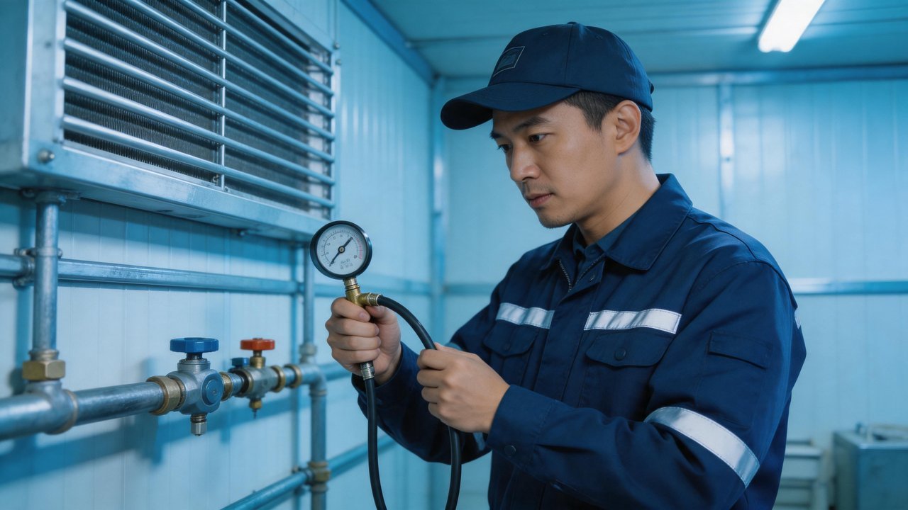 冷库维修技术人员检查设备