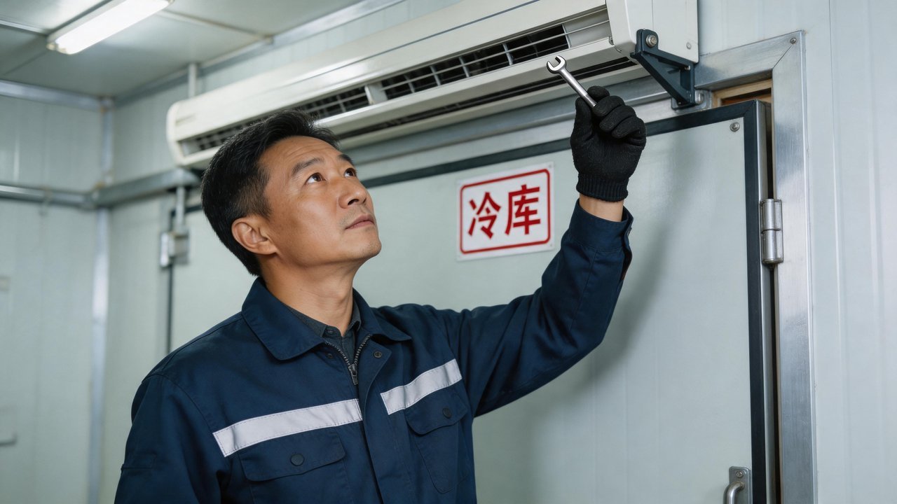 维修师傅检查风幕机安装角度