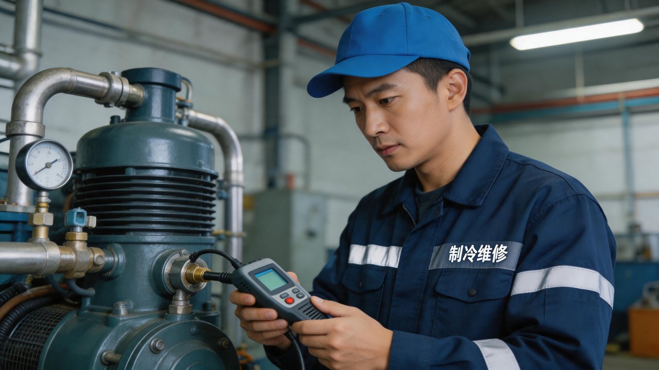 维修工程师检查制冷压缩机