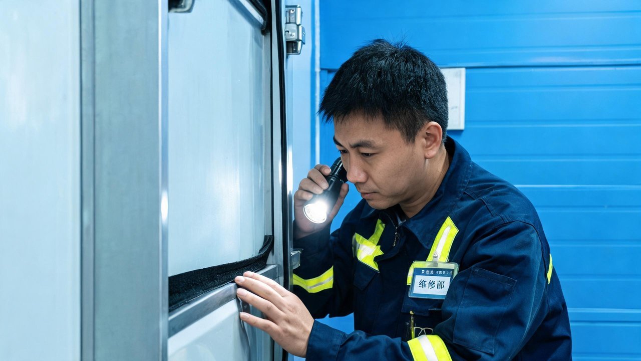 维修工程师检查冷库门