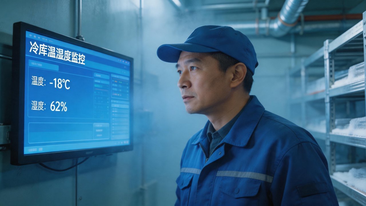 冷库管理员检查温湿度监控系统