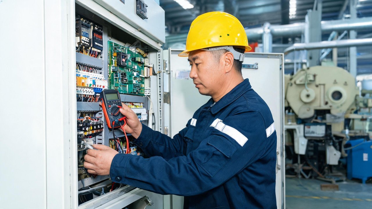 维修师傅检查PLC控制柜