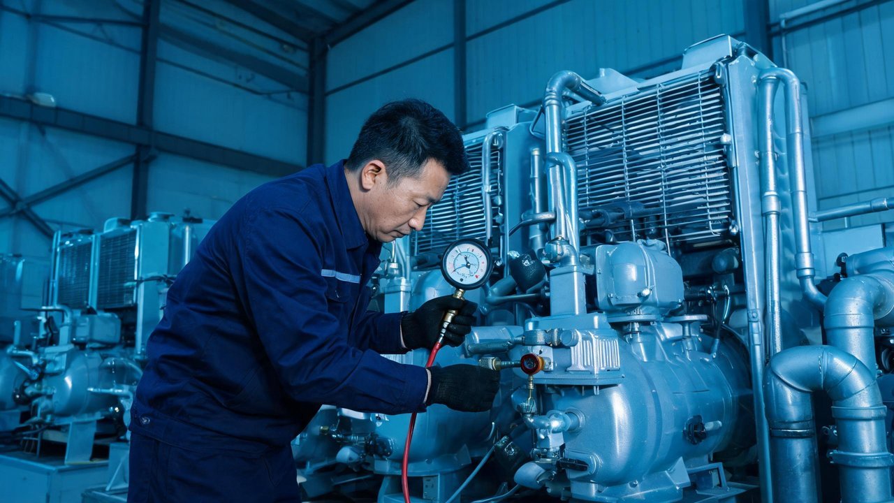 中国维修师傅检查冷库压缩机